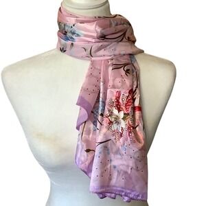 Vtg MOSI Italy Satin SilkTouch Pink Floral Square Scarf Botanical Print 35x35